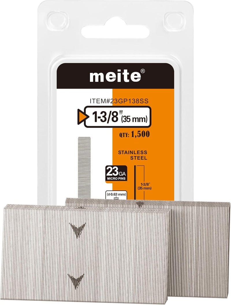 Meite 23 Gauge Pin Nails, 1-3/8 Inch 304 Stainless Steel Pin Nails - Micro 23GA Headless Nails for Nail Gun for Trim, Craft, and Woodworking (1,500 Counts) - Image 1